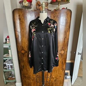 Johnny Was Black Shirt with Vibrant Floral Embroidery